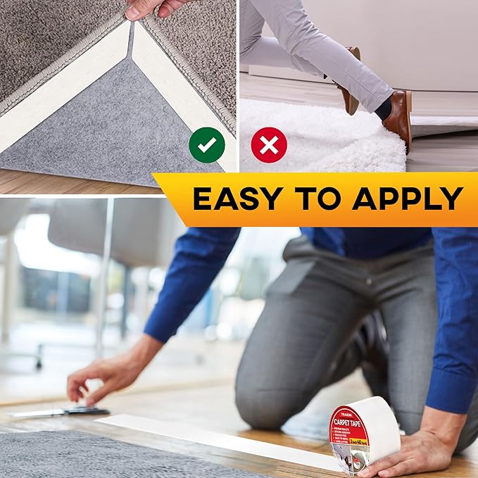 Carpet Binding Tape Double Sided - 2 In / 120 Ft (40 Yards) Tape Grippers for Hardwood Floors and Area Rugs - Strong Adhesive and Removable, Heavy Duty Stickers, Residue Free