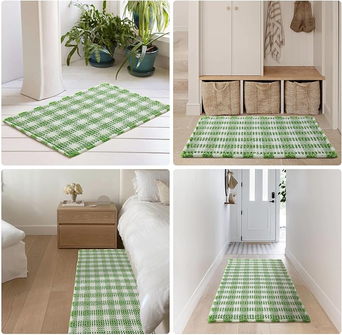 TYUU Waffle Bath Mat, Boho Bathroom Rugs Non Slip Washable Absorbent Checkered Bathroom Mat Quick Dry Cute Bath Mat, 48"x24" Green and White