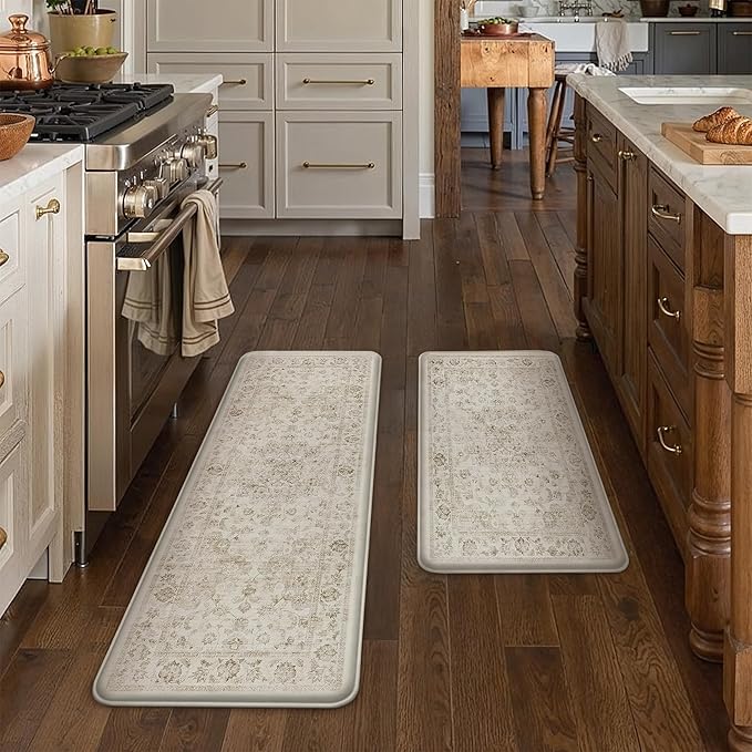 Thick Anti Fatigue Kitchen Mats 2PCS Beige Neutral Cushioned Vintage Floor Mat Non-Slip Waterproof Comfort Standing Rug for Sink Laundry Office 17.3"×47"+17.3"×30" (0.47inch)
