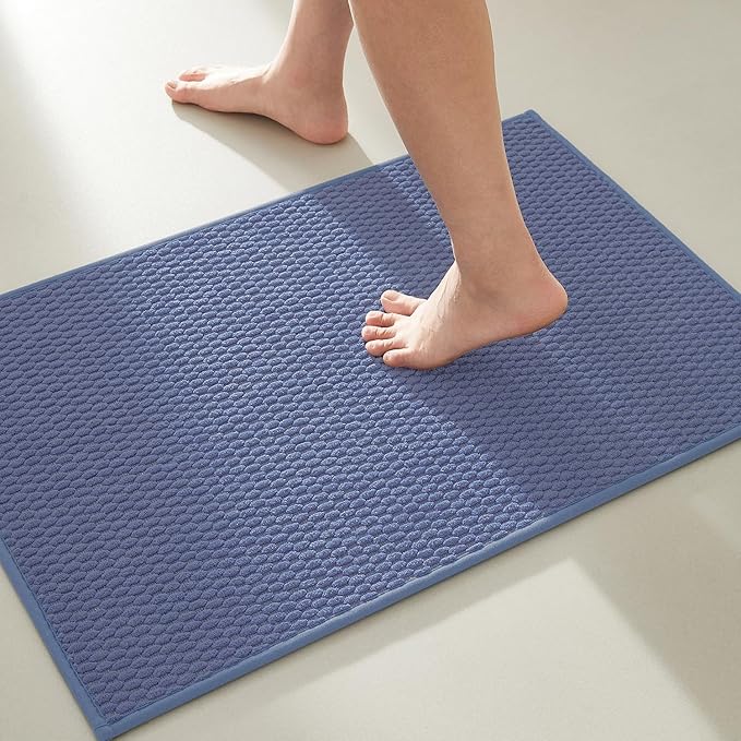 TYUU Bathroom Rugs Non Slip Washable, Super Absorbent Thin Bath Mat Small Quick Dry Low Pile Bathroom Rug, Denim Blue 20"x30"