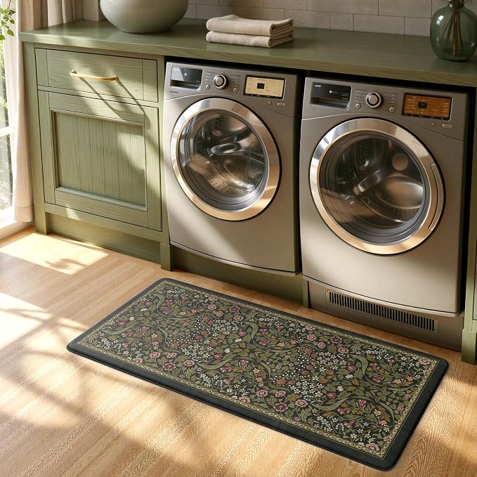 Collive Kitchen Mats for Floor, Cushioned Anti Fatigue Mat Non Slip Waterproof Kitchens Sink Rug, Green Vintage Floral Rugs Comfort Standing Mat for Laundry, Desk, Bar, Office, 20"x39"
