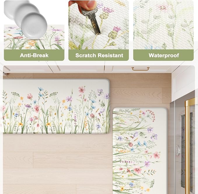 KIMODE Anti Fatigue Kitchen Mats for Floor, Farmhouse Floral Kitchen Rugs Set of 2, 17"x59"+17"x29" Kitchen Floor Mats Non-Slip, Cushioned Standing Mat for Sink, Laundry, Desk, Home White