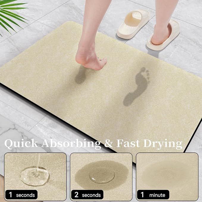 Quick Dry Super Absorbent Bathroom Mat Set 2 Piece - Diatomaceous Earth Bath Rug With Rubber Backing Non-Slip for Shower Floor, 47x17 + 24x17, Beige