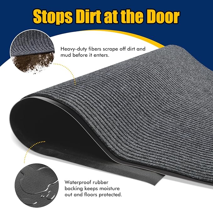 Extra Large Indoor/Outdoor Entrance Mat - 4 x 15 Feet, Rubber Border Door Mat Heavy Duty, Waterproof, Low-Profile, Easy to Clean, Rubber Entry Mat, Commercial Floor Mat, Charcoal Grey