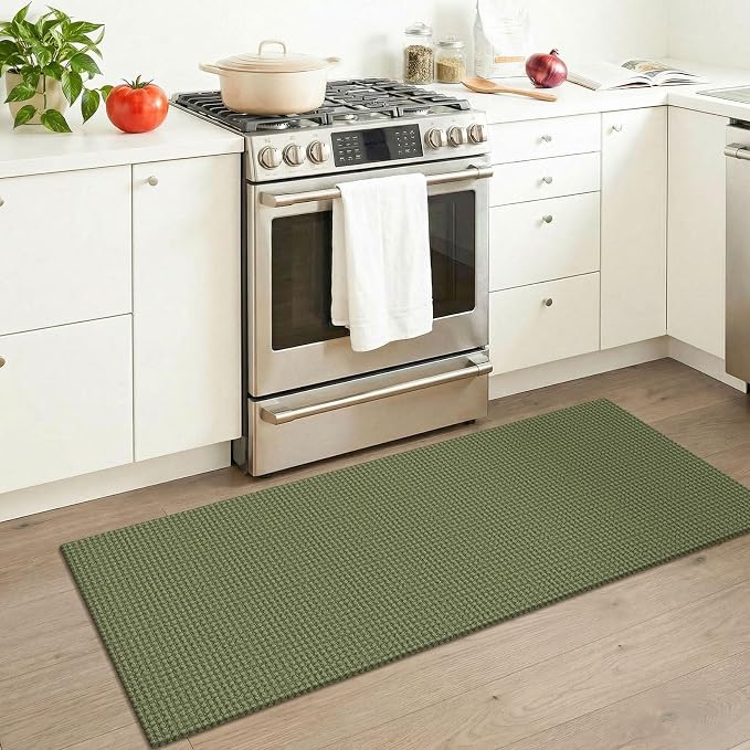 KOZYFLY Woven 2x5 Entry Runner Rug, Washable Runners for Entryway, Non Slip Hallway Rug, Small Throw Carpet Runner for Kitchen, Bedside, Hall, Bathroom, Olive Green/Earthy Green