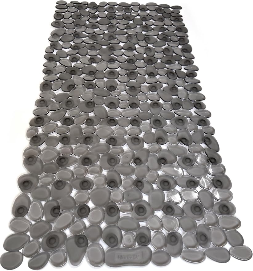 “Pebbles” Non-Slip Bathtub/Shower Mat 27.5”x14” Rectangular, Non-Toxic, Safe, Clean, Machine-Washable, Superior Grip & Drainage, Vinyl, for Smooth Floors ONLY, Transparent Gray