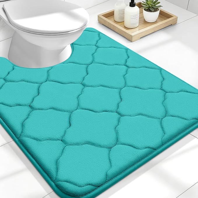 OLANLY Memory Foam Toilet Rugs U-Shaped 24x20, Ultra Soft and Absorbent Bathroom Rugs, Non-Slip, Comfortable, Machine Washable Contour Bath Mat for Toilet Base, Home Decor Accessories, Teal