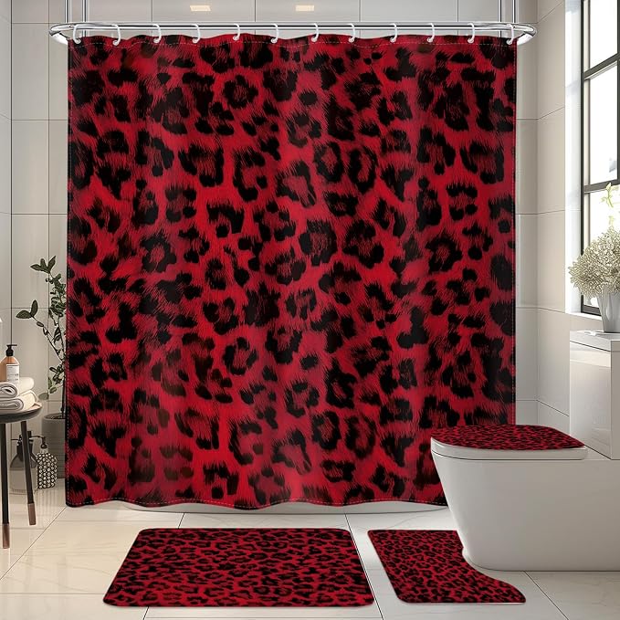 4 PCS Black Red Leopard Print Shower Curtain Set 72Wx72H,Toilet Lid Cover,Non-Slip Rugs and U-Shaped Mat,Wild Cheetah Bathroom Sets with Rugs with 12 Hooks for Bathroom Decor