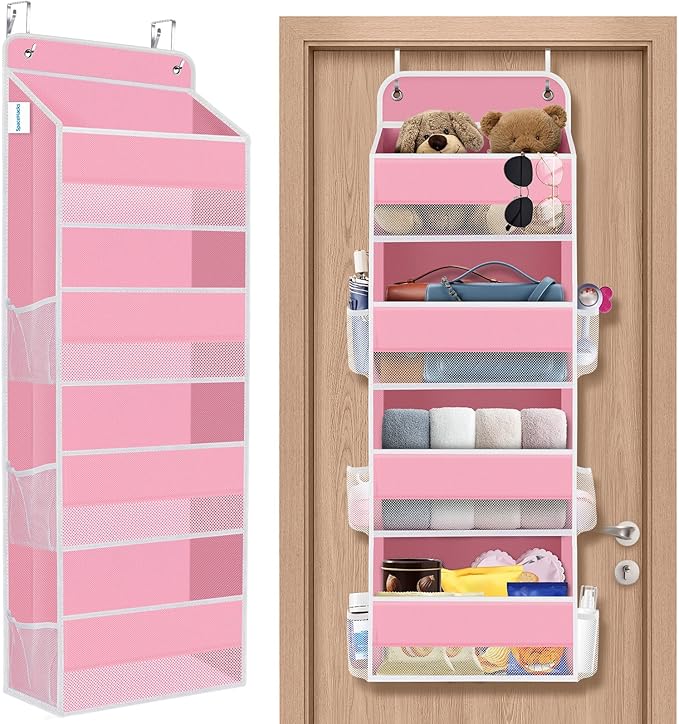 SpaceHacks 1 Pack Over The Door Organizer Hanging Storage Organizers with Clear Window 40lb Large Capacity Room Organizer for Pantry Laundry Bathroom Nursery Closet(Pink)