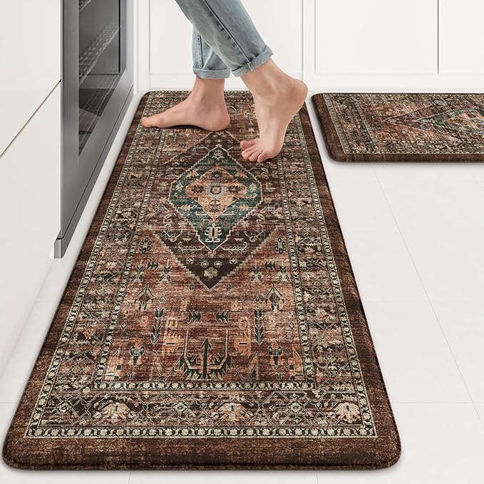 KIMODE Kitchen Mats for Floor Cushioned Anti Fatigue, Floral Kitchen Rugs Sets of 2, Brick Rugs for Kitchen Floor, Comfort Kitchen Floor Mats, Ergonomic Standing Desk Mat for Sink Laundry Room Decor