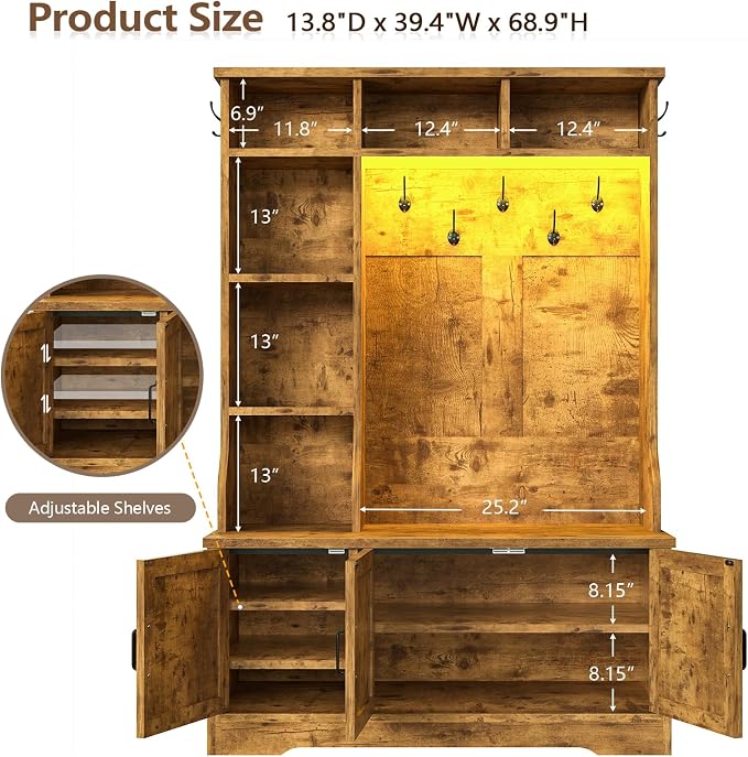 CSZZD Hall Tree with Bench and Shoe Storage, Farmhouse Entryway Bench with Coat Racks and Led Lights, Tall Hall Tree with 7 Coat Hooks, 6 Storage Cubbies, Adjustable Shelf, Rustic