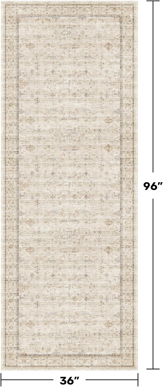 3x8 Non Slip Wide Runner Rug for Hallway Washable, Long Farmhouse Kitchen Rugs, Beige Cream Floral Entryway Mat, Low Pile & Soft Retro Décor Indoor, Non Skid Stain Resistant Carpet
