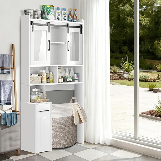 Over The Toilet Storage Cabinet, Extendable Rolling Drawer-Style, Mobile, Acrylic Sliding Doors, Adjustable Shelving, Compact Bathroom Storage with Toilet Paper Holder for Bathroom, Laundry Room