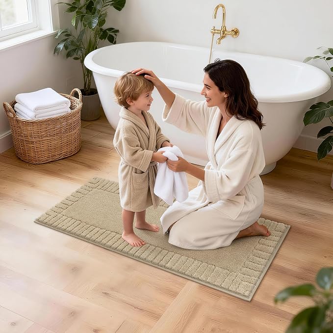 Pauwer Bathroom Rugs Set 5 Piece Non Slip Washable Bath Mat Set with U Shaped Contour Toilet Rugs Plush Absorbent Microfiber Shower Mat and Toilet Lid Cover for Bathroom, Beige