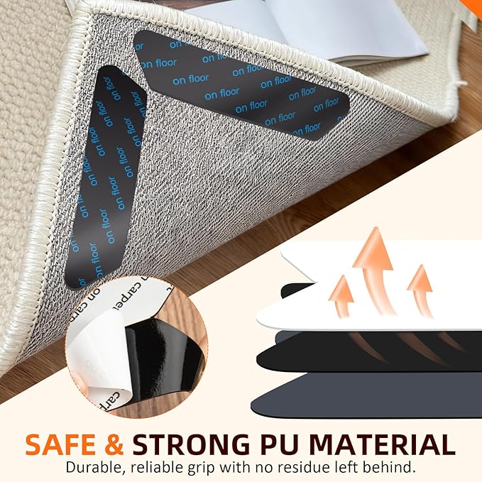 Rug Grippers 24PCS, Trapezoid Non Slip Rug Pads, Reusable Washable PU Carpet Tape, Strong Adhesive Rug Corner Tape for Hardwood Floors Tile Laminate Marble, Black
