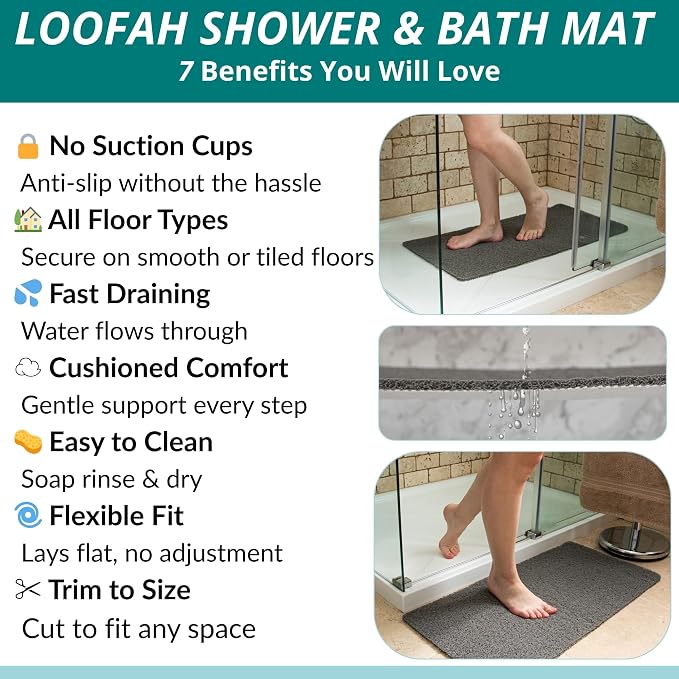 Non Slip Bathtub Mat Shower Mat for Tub - Loofah Bath Mats for Bathroom - 31x16 Bathtub Floor Mat - Textured Anti Slip Bath Mat Without Suction Cups - Secure Mat for Wet Areas (31x16 Gray)