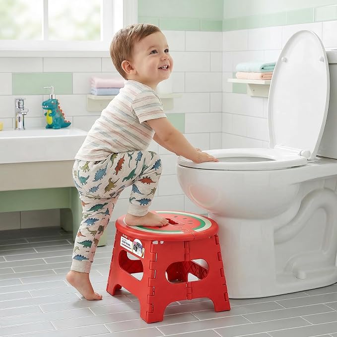 ACSTEP Folding Step Stool 9 Inch, Sturdy Collapsible Step Stool Foldable Up to 265 lb for Kids Toddlers & Adults, Non Slip Foot Stools w/Handle for Kitchen, Bathroom, Bedroom, Outdoor, Watermelon Red