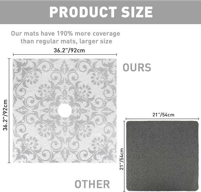Square Shower Mat Non Slip: 36 x 36 Inch Extra Large Shower Mats with Drain Hole in Middle - PVC Loofah Anti Slip Shower Floor Matt for Inside Shower