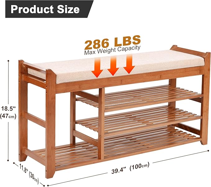 PETKABOO Shoe Rack Bench with Cushion 39.4“, Shoe Rack for Front Door Entrance, Shoe Bench with Storage for Entryway Hallway Bedroom Living Room