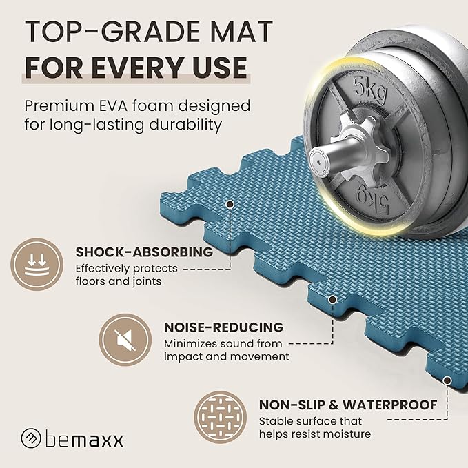 bemaxx Gym Mats Set - 18 pcs EVA Interlocking Foam Floor Tiles (12.6"x12.6"x0.4") 18sqft Protective Gym Flooring Sports Home Workout Exercise Mats Puzzle Garage Fitness Play-Room Pool Treadmill Bike