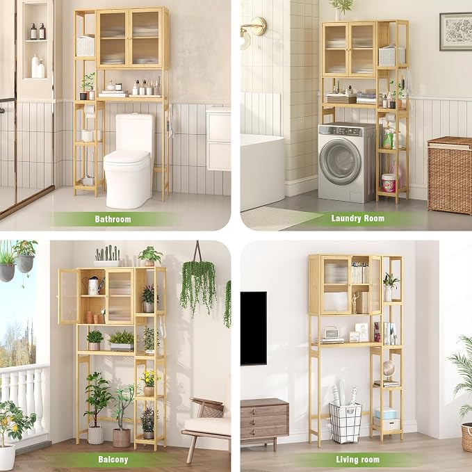 Over the Toilet Storage Cabinet Above Toilet Bathroom Organizer with Toilet Paper Holder Stand Bath Organizer with Adjustable Shelves & Acrylic Doors,Anti-Tip Device (Nature)