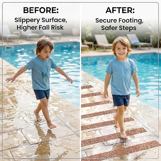 LifeGrip Outdoor Anti Slip Stair Treads 5-Pack, 8" X 32" Waterproof Rubber Grip Tape for Outdoor Stairs, Pool, Garden and Deck, Barefoot-Friendly Non Slip Step Strips, Brown
