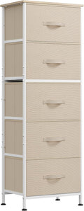 WLIVE Fabric Dresser, 5-Drawer Tall Dressers for Bedroom, Storage Dresser Organizer with Fabric Bins, Wood Top, Sturdy Steel Frame, Chest of Drawers for Closet, Hallway, Cream White