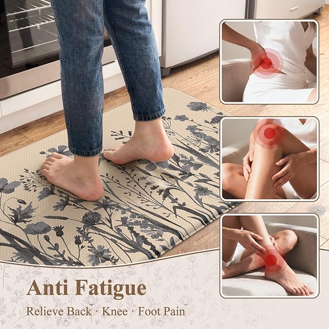 KIMODE Anti Fatigue Kitchen Mats for Floor, Farmhouse Kitchen Rugs Sets of 2, Cushioned Kitchen Floor Mats, Comfort Standing Mat for Sink, Laundry, Office, Desk Brown/Grey 17"x47"+17"x29"