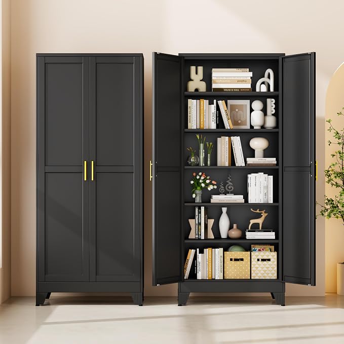 75" Black Metal Garage Storage Cabinet with 2 Doors and 5 Adjustable Shelves,Kitchen Pantry Cabinet,File Cabinet,Steel Tool Cabinet for Home,Office,Garage,School,Warehouse