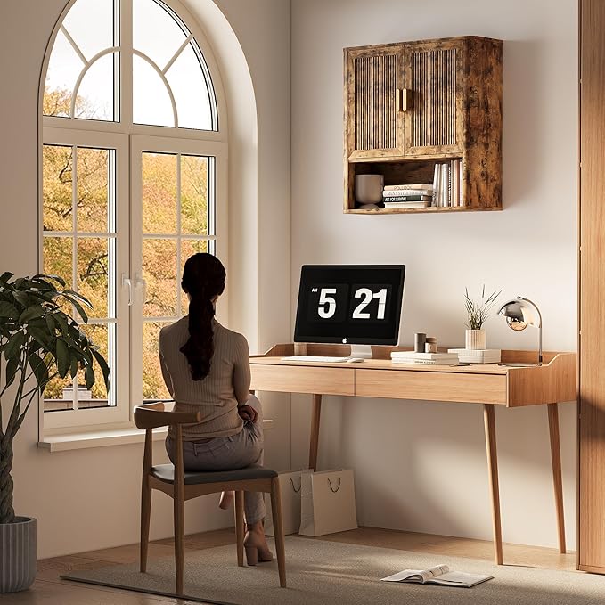 INNOD Bathroom Wall Cabinet, Wall-Mounted Medicine Cabinet with Adjustable Wood Shelf & Doors, Floating Bathroom Cabinet Over Toilet for Laundry Room & Kitchen & Living Room (Retro)