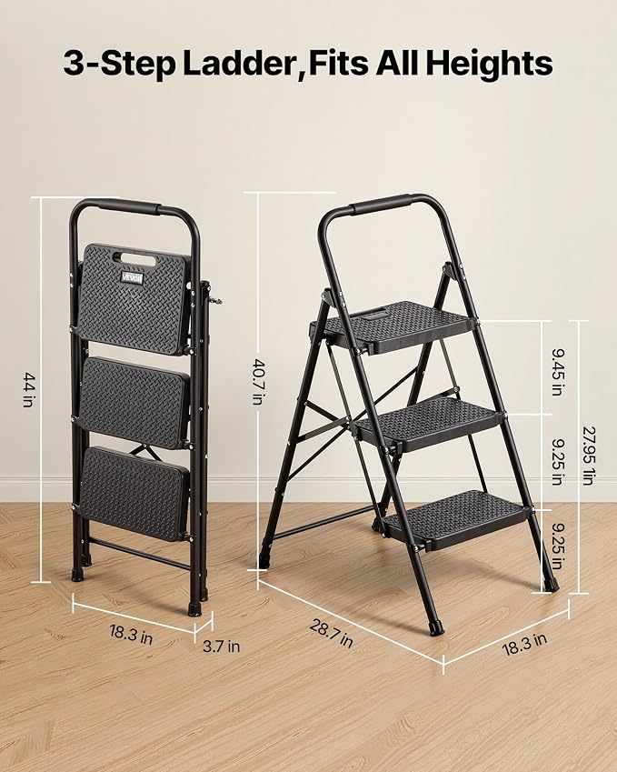 VEVOR 3 Step Ladder, Folding Step Stool with Wide Anti-Slip Pedal and Comfort Handgrip, Lightweight 600 lbs Capacity Portable Steel Ladder, Multi-Use for Kitchen, Home, Household and Office, Black