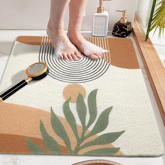 Square Shower Mat Non Slip, Boho Bathmat Quick Drying Easy Cleaning Shower Matt, Tropical Leaves Bath Mats for Bathroom Decor Textured Surface Loofah Shower Foot Scrubber Mat, 24″X24″