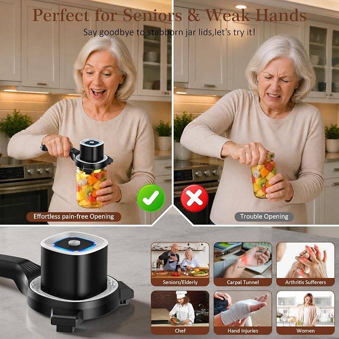 Electric Jar Opener for Seniors with Auto-Adjusting Gripper, Rechargeable Jar & Bottle Openers for Weak Hands and Arthritis, Easy Twist Off Lid Opener with Rubber Gripper Pad, Fits 1"-3.5" Lids(White)