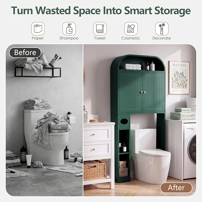 LEVNARY 31" Wide Over the Toilet Storage with Toilet Paper Holder, Arched Bathroom Organizer with Fluted Doors, 4-Tier Space Saving Freestanding Cabinet with Adjustable Shelves (Green)