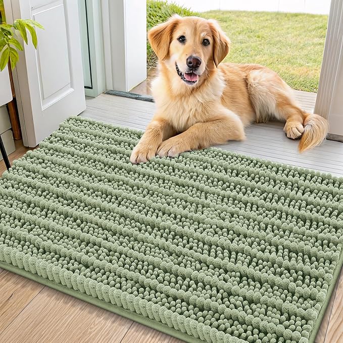 Smiry Dog Door Mat for Muddy Paws 36x24, Absorbent Dirt Trapper, Non-Slip Washable Chenille Entryway Rug for Inside Floor, Sage Green, Layered Pattern