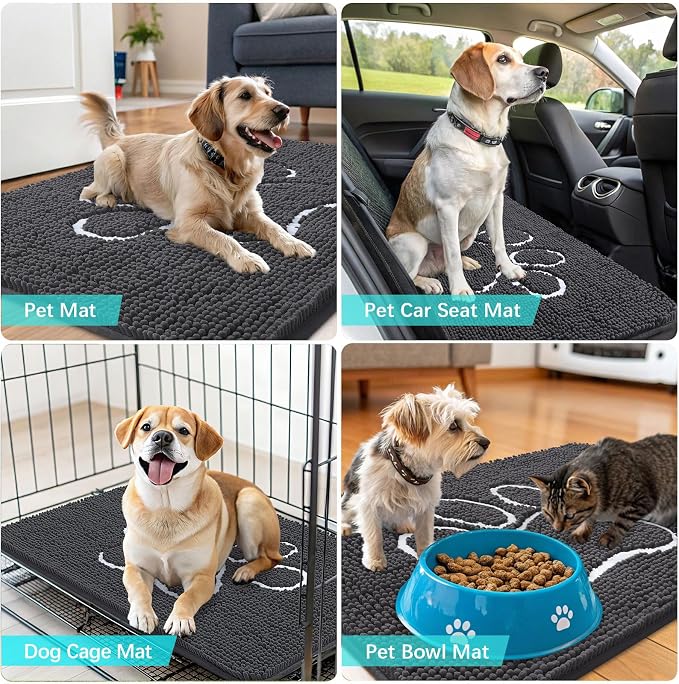 OLANLY Dog Door Mat for Muddy Paws 59x35, Paw Print Design, Absorbs Moisture and Dirt, Absorbent Non-Slip Washable Doormat, Quick Dry Chenille Mud Mat for Dogs, Entry Indoor Entryway Carpet, Dark Grey