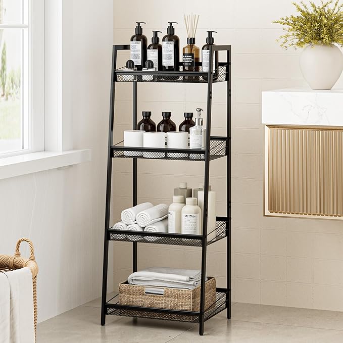 Masupu 4 Tier Bathroom Shelf, Bathroom Organizer and Storage for Small Space, Free-Standing Metal Rack Shelves Waterproof for Kitchen, Bathroom, Laundry, Toilet, Black