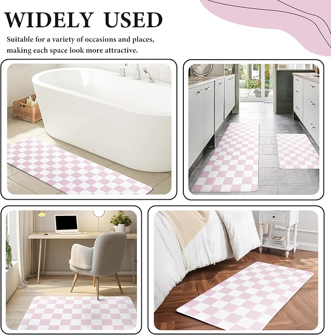 Pink Checkered Grid Checkerboard Kitchen Rug Sets [2 PCs], Anti-Fatigue, Waterproof Non-Slip Kitchen Mats Heavy Duty Ergonomic Comfort Foam Rug for Floor, Home, Laundry,Easter 17"x29"+17"x47"
