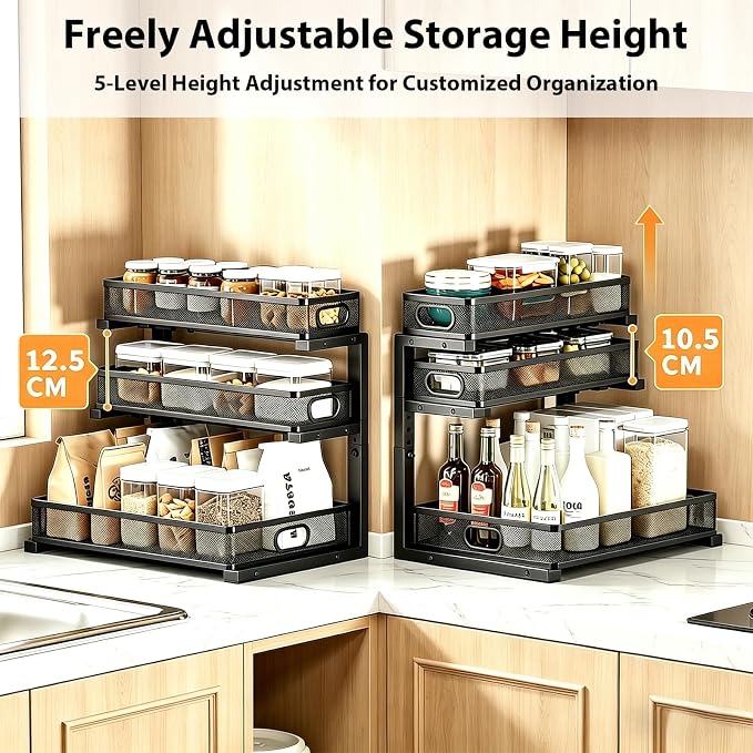 2 Pack Under Sink Organizer, 3-Tier Pull Out Kitchen Cabinet Organizer, Height Adjustable Metal Slide Out Bathroom Storage Makeup Drawer Rack for Bedroom Office Laundry Pantry Home Organization, Black
