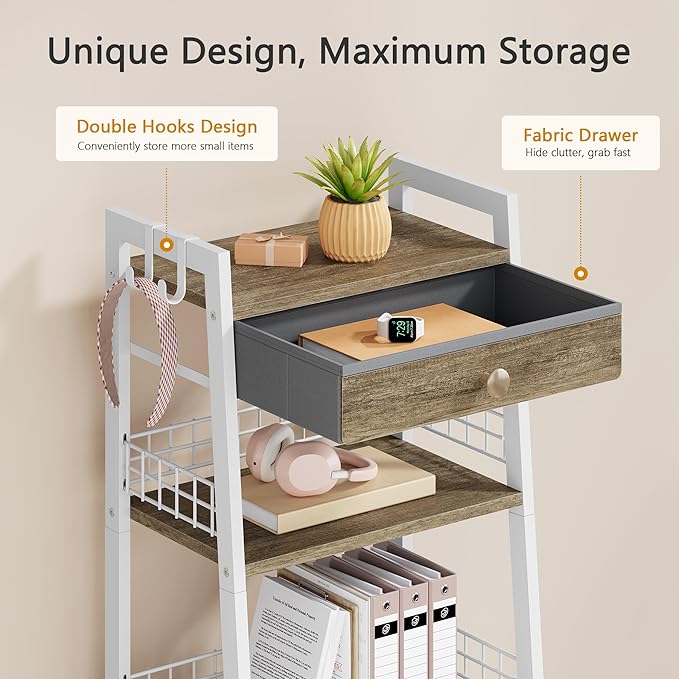 Gewudraw 4-Tier Ladder Shelf with Drawer, Bathroom Table Stand for Small Space, Standing Bathroom Shelves with Storage for Living Room Kitchen Bedroom, Organizer Shelf, White