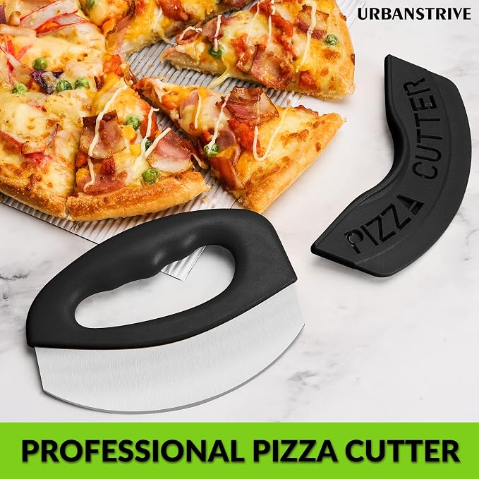 Urbanstrive Heavy Duty Stainless Steel Pizza Cutter with Cover, Super Sharp Blade Pizza Knife Pizza Cutter Rocker, Perfect Kitchen Gadgets for Pizza Cutting Home Essentials (Black)