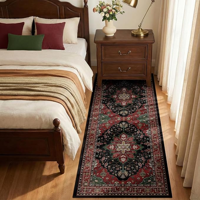 RELEANY Area Rugs Runner 2'x5' Washable Non-Slip, Floral Vintage Distress Medallion Carpet for Kitchen Hallway Bedroom Beside Laundry Room Bathroom, Red Black