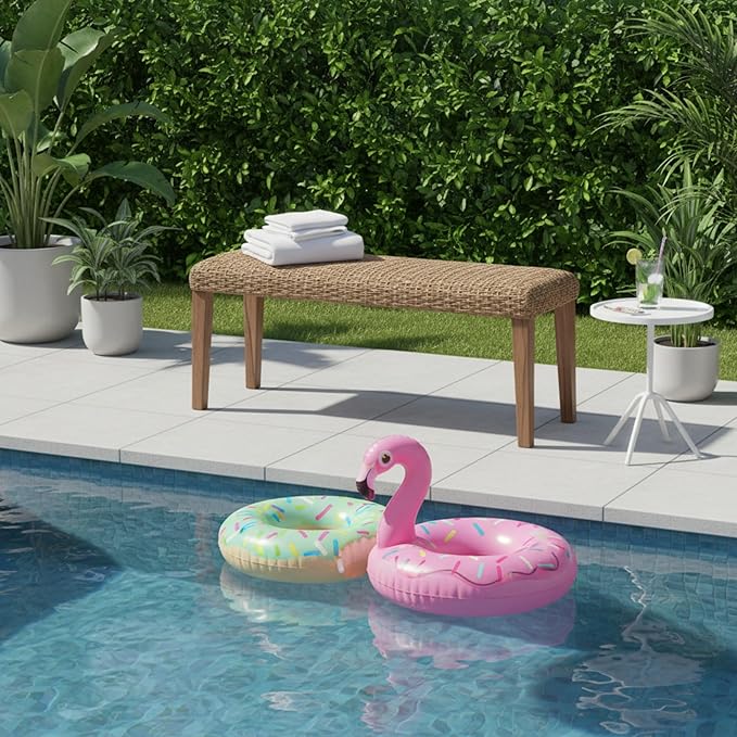 Outdoor Backless Bench, All-Weather Wicker & Solid Acacia Wood, Premium Garden Bench with Woven Rattan Seat and Thick Outdoor Cushion for Patio, Porch, Living Room or Entryway (Natural, PE Wicker)