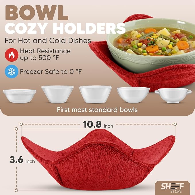 Sheff Microwave Bowl Cozy Holders Set of 4 - Durable and Reliable for Hot and Cold Plates and Dishes - Ideal Household Gift (Red, 11 inch)