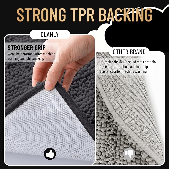 OLANLY Thick Large Bathroom Rugs 44x32, Extra Soft Absorbent Chenille Striped Bath Rugs, Rubber Backing, Machine Wash, Bath Mats for Bathroom Floor, Tub and Shower, Home Decor Accessories, Dark Grey