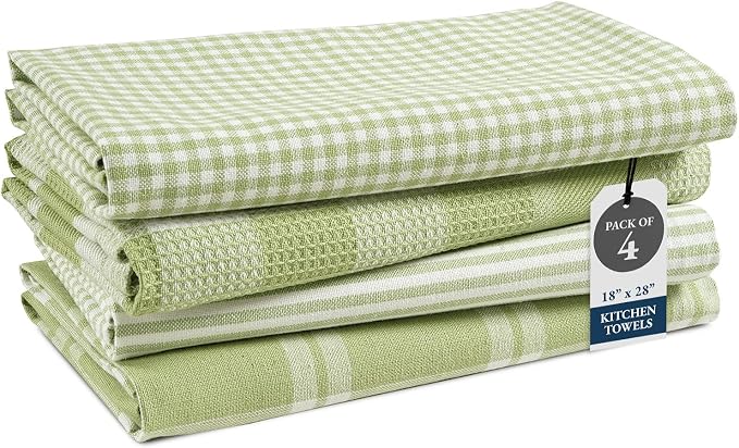 LANE LINEN Cotton Kitchen Towels Set, 4-Pack – Absorbent, Quick-Drying Dish Towels, 18" x 28" - Sage Green