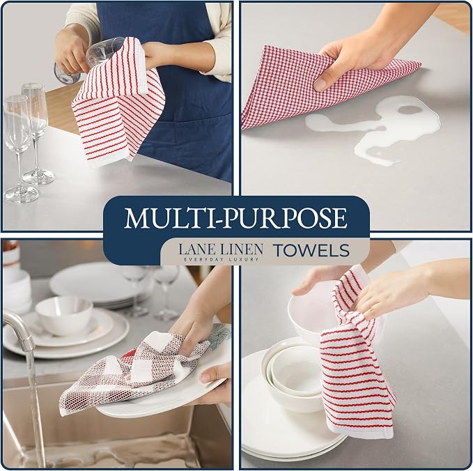 LANE LINEN Cotton Kitchen Towels and Dishcloths 20 Pack - Large Dish Towels Set for Holiday Hosting, Fast Drying Dish Rags, Flour Sack Towels, Versatile Scrubbers & Oven Mitts with Pot Holders - Red