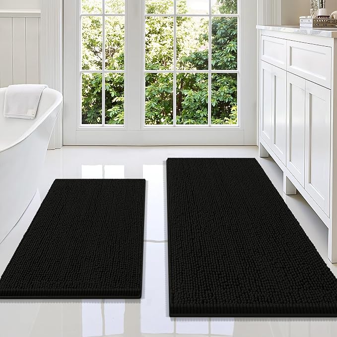 Smiry Bathroom Rugs Sets 2 Piece, Soft Absorbent Chenille Machine Washable Non Slip Shaggy Bath Rug Set for Tub, Shower, and Floor (47x20+30x20, Black)