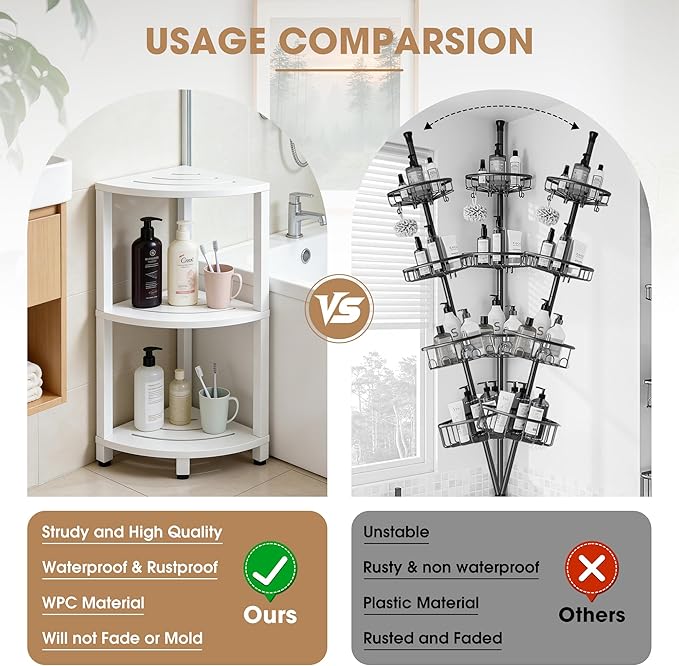 HDPS 3 Tier Floor Standing Corner Shower Caddy Organizer Shelf, Detachable Stool & Foot Rest,Waterproof & Durable Bathroom Shelves Stand Rack with Anti-Slip Feet, Space-Saving Design Storage