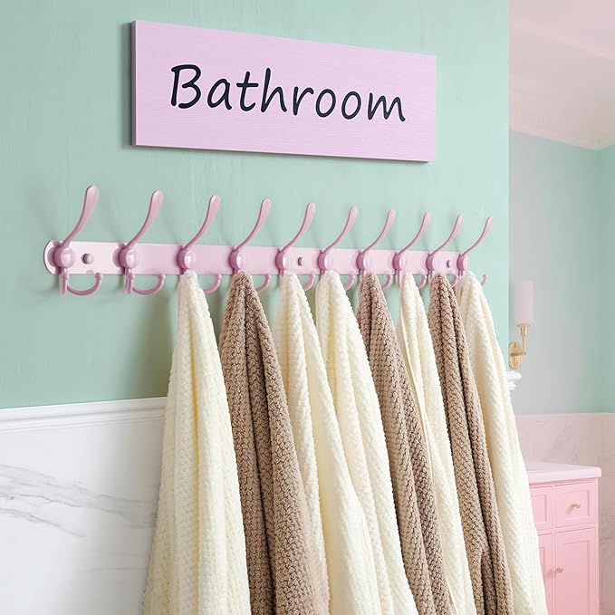 Dseap Coat Rack Wall Mount - 38” Long 10-Tri-Hooks Heavy Duty Coat Hanger Rail Wall Hooks for Hanging Coats Hats Clothing Clothes Purse Mudroom Entryway, Pink, Pack of 2